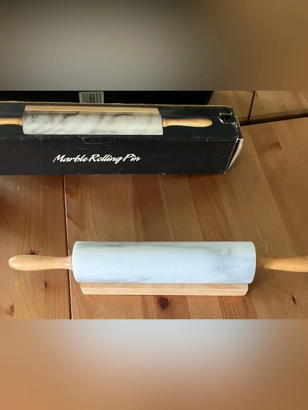Never Used Himark Marble Rolling Pin with Wooden Handle and Stand 18” Vintage
